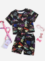 Toddler Girls Letter & Heart Print Tee And Shorts Set