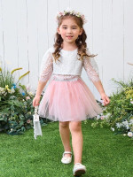 Toddler Girls Puff Sleeve Eyelash Lace Top & Contrast Tape Mesh Skirt