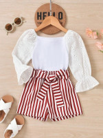 Toddler Girls Eyelet Embroidered Flounce Sleeve Top & Striped Belted Shorts