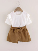 Toddler Girls Ruffle Trim Tee & Asymmetrical Hem Belted Skirt