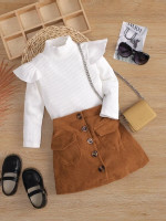 Toddler Girls Ruffle Trim Top & Flap Pocket Button Front Skirt