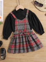 Toddler Girls Drop Shoulder Top & Plaid Bow Overall Dress