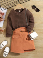 Toddler Girls Drop Shoulder Sweatshirt & Flap Detail Asymmetrical Hem Skirt