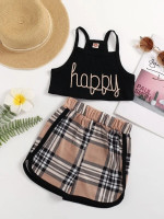 Toddler Girls Letter Graphic Cami Top & Plaid Print Contrast Binding Shorts
