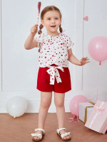 Toddler Girls Heart Print Ruched Knot Hem Top & Shorts
