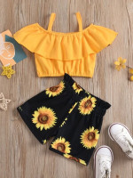 Toddler Girls Solid Flounce Trim Crop Top & Sunflower Print Shorts