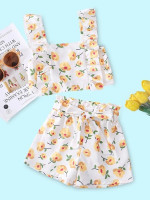 Toddler Girls Floral Print Ruffle Trim Top & Paperbag Waist Belted Shorts
