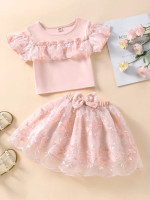 Toddler Girls Floral Embroidered Mesh Ruffle Trim Tee & Bow Flare Skirt