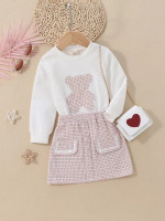 Toddler Girls Bear Embroidery Sweatshirt & Flap Detail Plaid Skirt