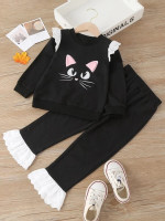 Toddler Girls Cartoon Graphic Eyelet Embroidery Trim Pullover & Flare Leg Pants