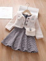 Toddler Girls Embroidery Collar Teddy Coat & Houndstooth Dress & Bag