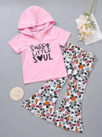 Toddler Girls Letter Graphic Hooded Tee & Floral Print Flare Leg Pants