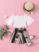 Toddler Girls Shirred Ruffle Hem Top & Striped Colorblock Belted Shorts