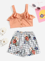 Toddler Girls Ruffle Trim Cami Top & Floral Print Shorts Set