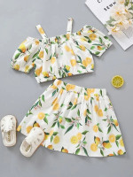 Toddler Girls Floral & Fruit Print Cold Shoulder Top & Skirt