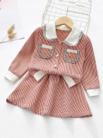 Toddler Girls Contrast Collar Pearls Button Jacket With Skirt