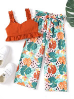 Toddler Girls Frill Trim Crop Cami Top & Tropical Print Paperbag Waist Belted Wide Leg Pants
