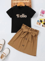 Toddler Girls Letter Graphic Tee & Fake Button Paperbag Waist Belted Skirt