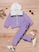 Toddler Girls Letter Tape Panel Two Tone Zip Up Hoodie & Sweatpants
