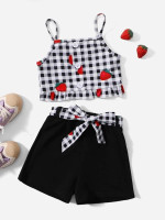 Toddler Girls Strawberry & Gingham Print Cami Top & Belted Shorts Set