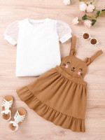 Toddler Girls Puff Sleeve Solid Tee & Cartoon Embroidery Ruffle Hem Overall Dress