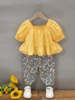 Toddler Girls Puff Sleeve Peplum Top & Allover Floral Print Pants