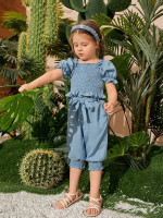 Toddler Girls Shirred Puff Sleeve Frill Trim Crop Top & Belted Pants