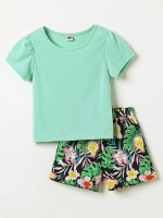 Toddler Girls Puff Sleeve Tee & Tropical Print Shorts