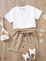 Toddler Girls Solid Tee & Fake Button Belted Skirt