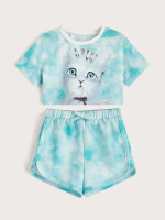 Toddler Girls Cat Print Tie Dye Tee & Knot Front Shorts