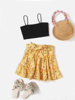 Toddler Girls Crop Cami Top & Ditsy Floral Print Belted Ruffle Hem Skirt Set