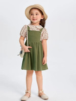 Toddler Girls Overall Dress With Ditsy Floral Blouse