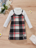 Toddler Girls Turtleneck Ribbed Knit Top & Plaid Print Overall Dress