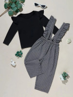 Toddler Girls Ruffle Trim Top & Houndstooth Print Pinafore Jumpsuit