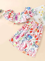 Toddler Girls Floral Print Layered Sleeve Shirred Top & Slit Skirt