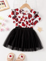 Toddler Girls Allover Heart Print Ruffle Trim Tee With Mesh Skirt