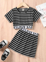 Toddler Girls Striped Contrast Letter Tape Tee & Skirt