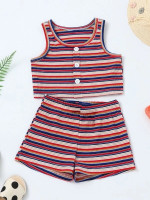 Toddler Girls Colorful Striped Fake Button Tank Top & Bow Shorts