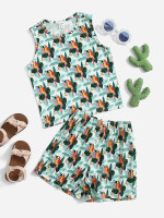 Toddler Girls Bird And Floral Print Tank Top And Shorts Set