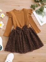 Toddler Girls Ribbed Knit Ruffle Trim Top & Leopard Print Bow Front Skirt