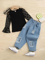 Toddler Girls Contrast Dobby Mesh Flounce Sleeve Tee & Ripped Jeans