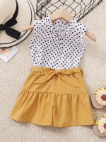 Toddler Girls Polka Dot Ruffle Neck Top With Belted Shorts