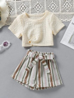 Toddler Girls Textured Asymmetrical Hem Tee & Block Striped Paperbag Waist Belted Shorts