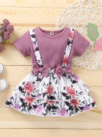 Toddler Girls Rib-knit Tee & Bow Front Floral Suspender Skirt