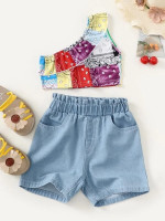 Toddler Girls Paisley Print Ruffle One Shoulder Top & Paperbag Waist Denim Shorts