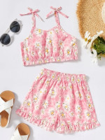 Toddler Girls Floral Print Tie Shoulder Cami Top & Frilled Shorts