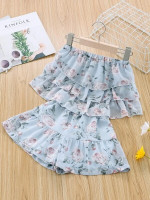 Toddler Girls Floral Print Layered Hem Top & Shorts