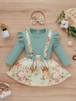 Toddler Girls Ruffle Top & Floral Bow Criss Cross Pinafore Skirt