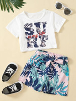 Toddler Girls Tropical & Slogan Graphic Tee & Belted Shorts