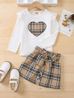 Toddler Girls Heart Embroidery Ruffle Trim Top & Plaid Print Belted Skirt